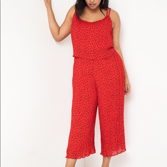 Eloquii Plus Size 20 Red Polka Dot Jumpsuit Pleated Wide Leg Sleeveless Jumper - Picture 1 of 5